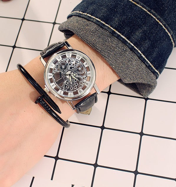 GENVIVIA High Quality Men's Luxury Hollow Stainless Leather Strap Watch
