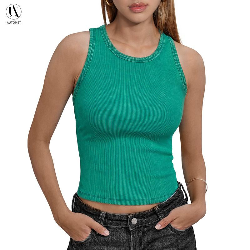 AUTOMET Washed Sleeveless Tank Top - Soft Breathable Slim-Fitting Casual Women'S Wear Basic Minimalist Design