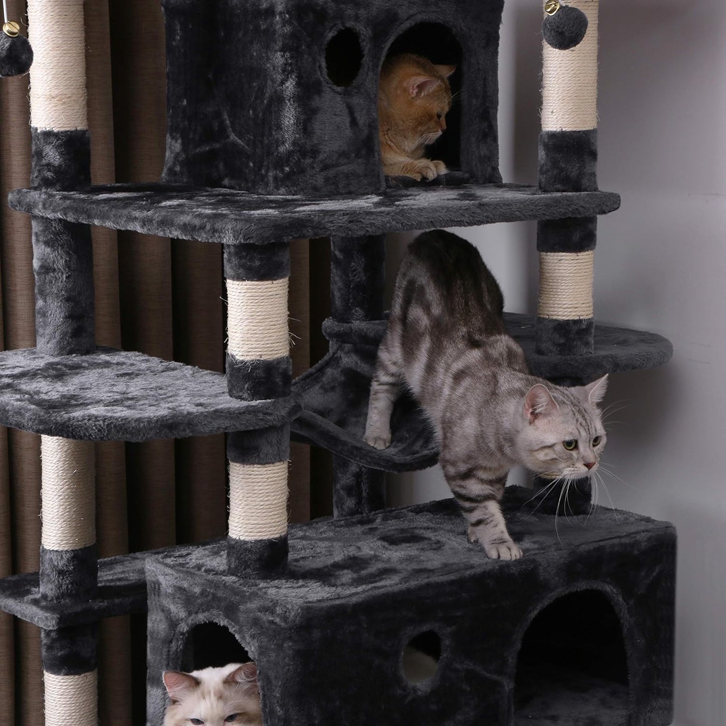 BEWISHOME Large Cat Tree Condo with Sisal Scratching Posts Perches Houses Hammock, Cat Tower for Indoor Cats Furniture Kitty Activity Center Kitten Play House Grey MMJ03B
