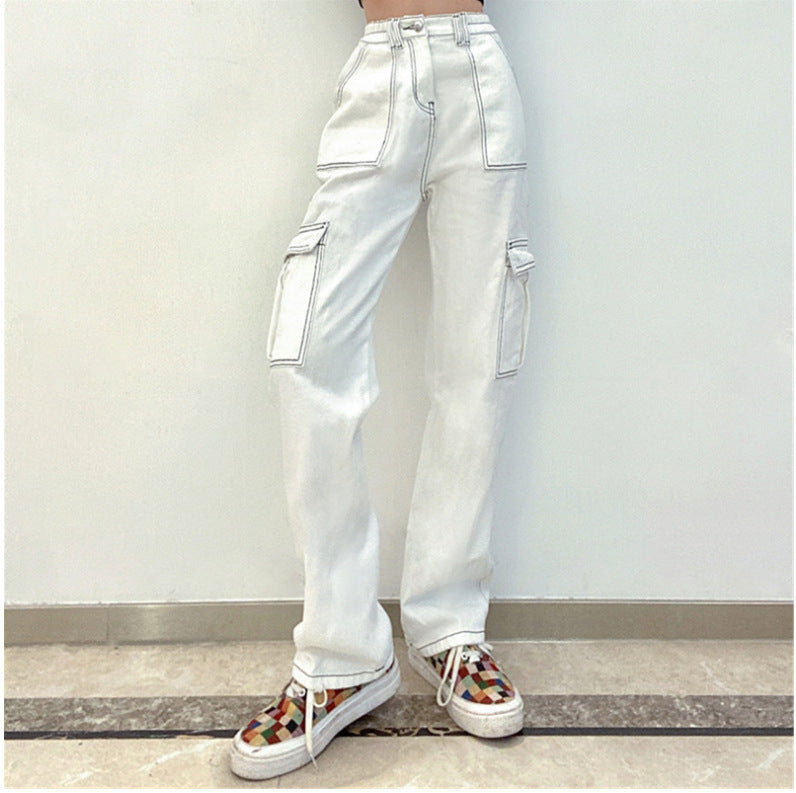 Stylish Multi-pocket Workwear Straight-leg Trousers High Waist Jeans