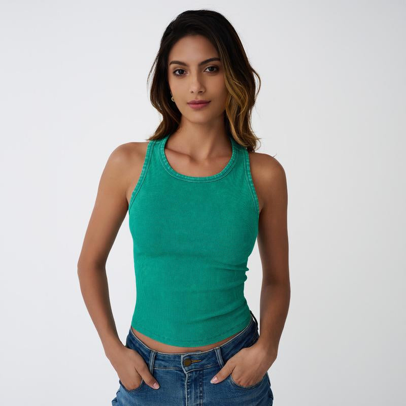 AUTOMET Washed Sleeveless Tank Top - Soft Breathable Slim-Fitting Casual Women'S Wear Basic Minimalist Design