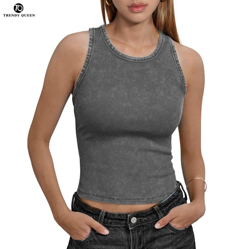 AUTOMET Washed Sleeveless Tank Top - Soft Breathable Slim-Fitting Casual Women'S Wear Basic Minimalist Design