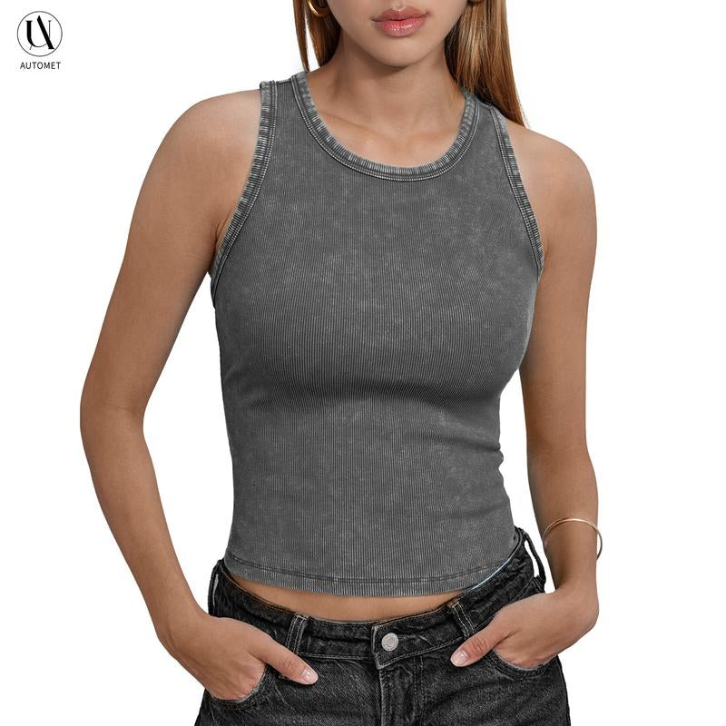 AUTOMET Washed Sleeveless Tank Top - Soft Breathable Slim-Fitting Casual Women'S Wear Basic Minimalist Design