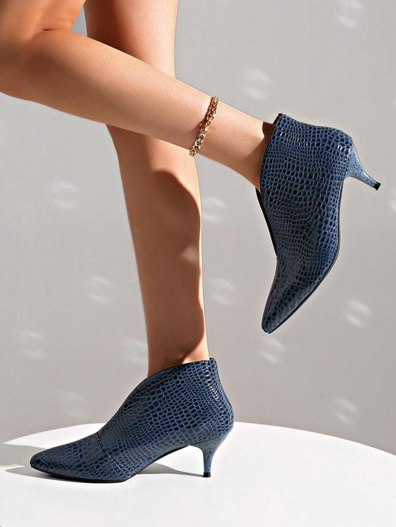 New Women'S High Heel Ankle Boots, Pointed Toe Slip-On Snakeskin Design, Minimalist Style Rubber Sole Shoes for All Seasons