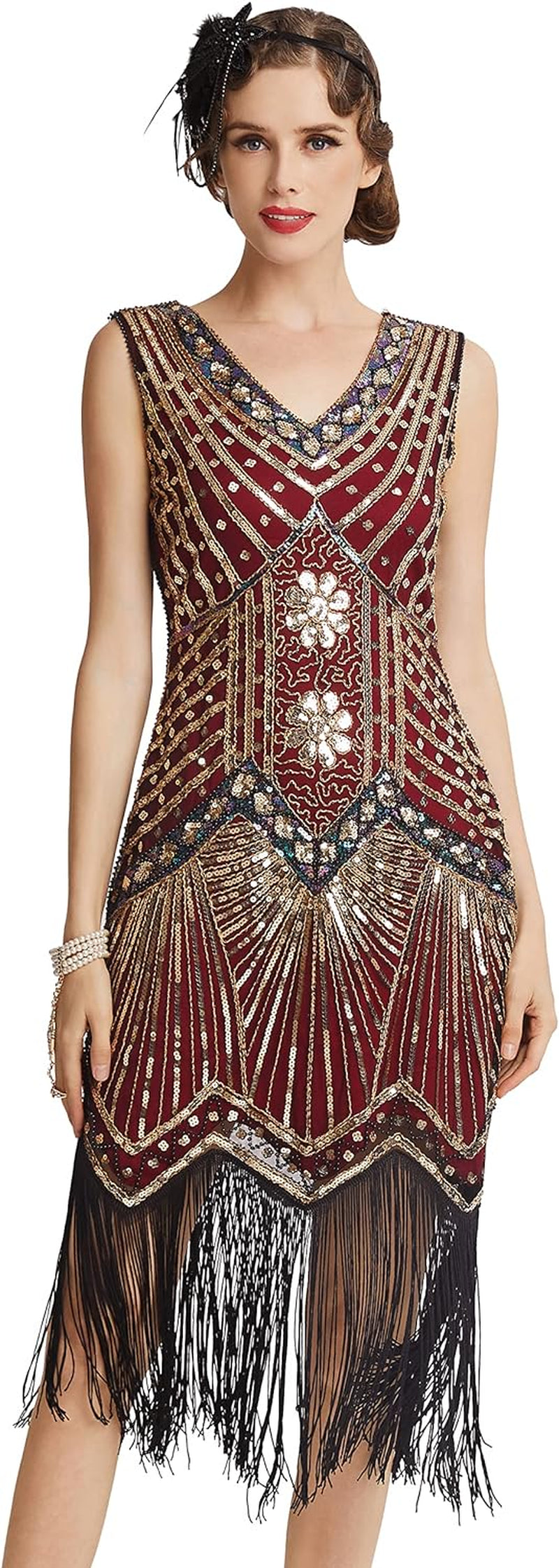 BABEYOND Women'S Flapper Dresses 1920S V Neck Beaded Fringed Great Gatsby Dress
