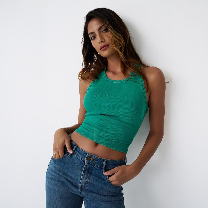 AUTOMET Washed Sleeveless Tank Top - Soft Breathable Slim-Fitting Casual Women'S Wear Basic Minimalist Design