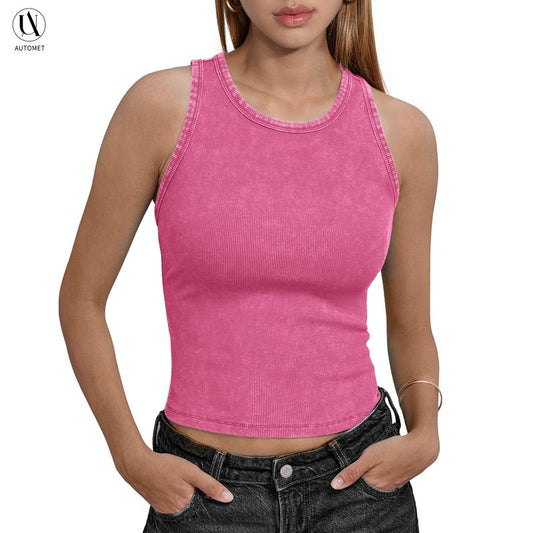 AUTOMET Washed Sleeveless Tank Top - Soft Breathable Slim-Fitting Casual Women'S Wear Basic Minimalist Design