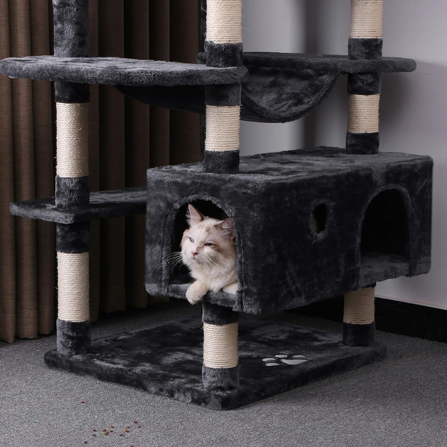 BEWISHOME Large Cat Tree Condo with Sisal Scratching Posts Perches Houses Hammock, Cat Tower for Indoor Cats Furniture Kitty Activity Center Kitten Play House Grey MMJ03B