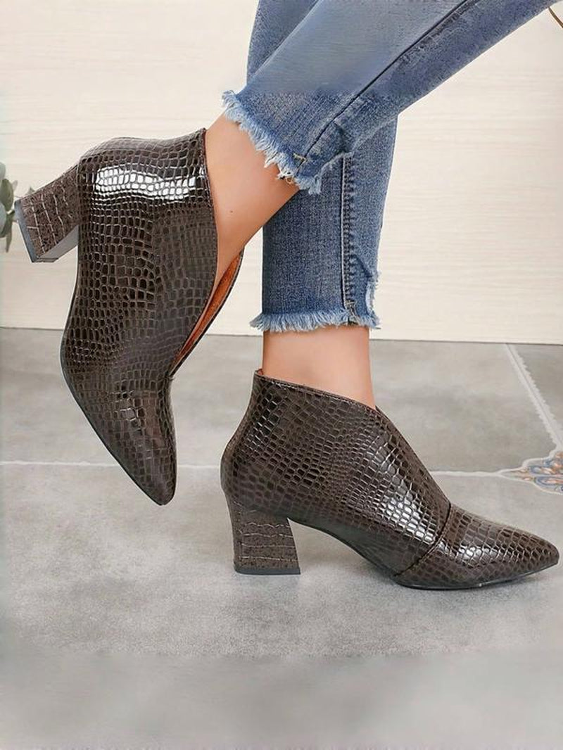New Women'S High Heel Ankle Boots, Pointed Toe Slip-On Snakeskin Design, Minimalist Style Rubber Sole Shoes for All Seasons