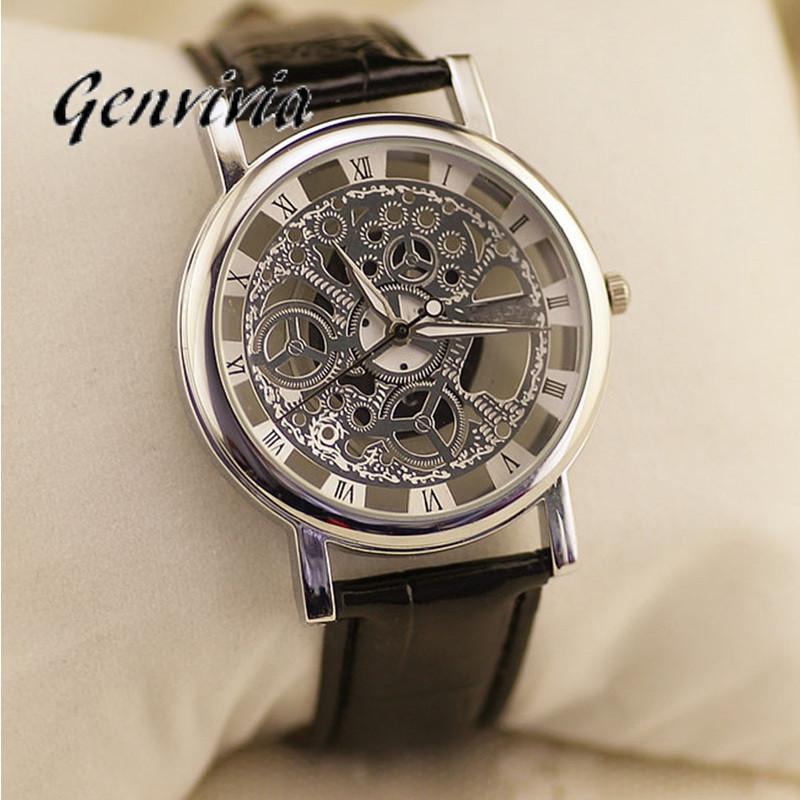 GENVIVIA High Quality Men's Luxury Hollow Stainless Leather Strap Watch
