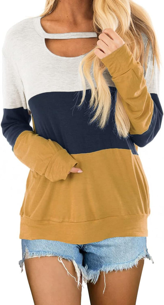 Topstype Women'S Fall Color Block Chest Cutout Tunics Long Sleeve Shirts Scoop Neck Blouse Casual Loose Fit Tops A-Yellow