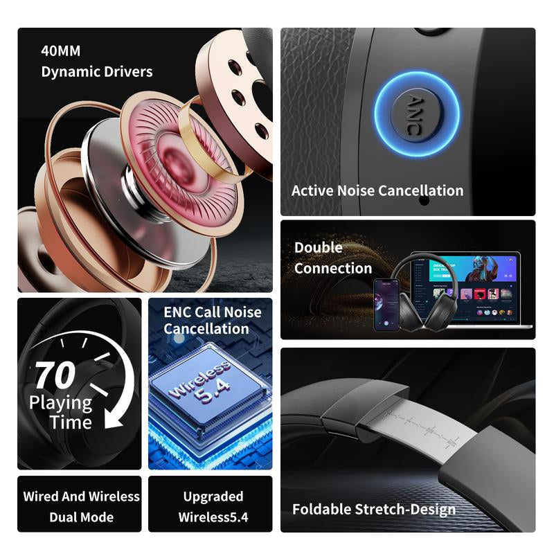 Wireless Bluetooth Headphones, Over-Ear, Active Noise Cancelling, Hi-Res Audio, 70 Hours Battery Life, Foldable Design, Lightweight and Portable, with Microphone for Ios/Pc/Android, Ideal for Home Office. Electronic Earbud Headset Black#Father'S Day Gift