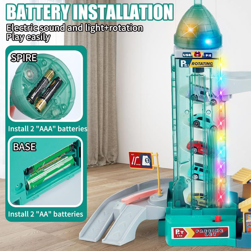 King Size Rotating Elevator Race Track Playset Toys for Kids Car Ramp Track Set Adventure Car Garage Parking Toy