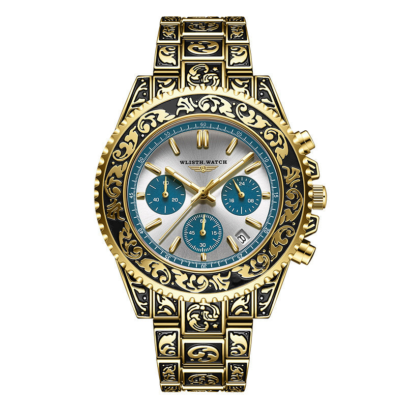 Vintage Engraving Quartz Multi-function Men's Watch