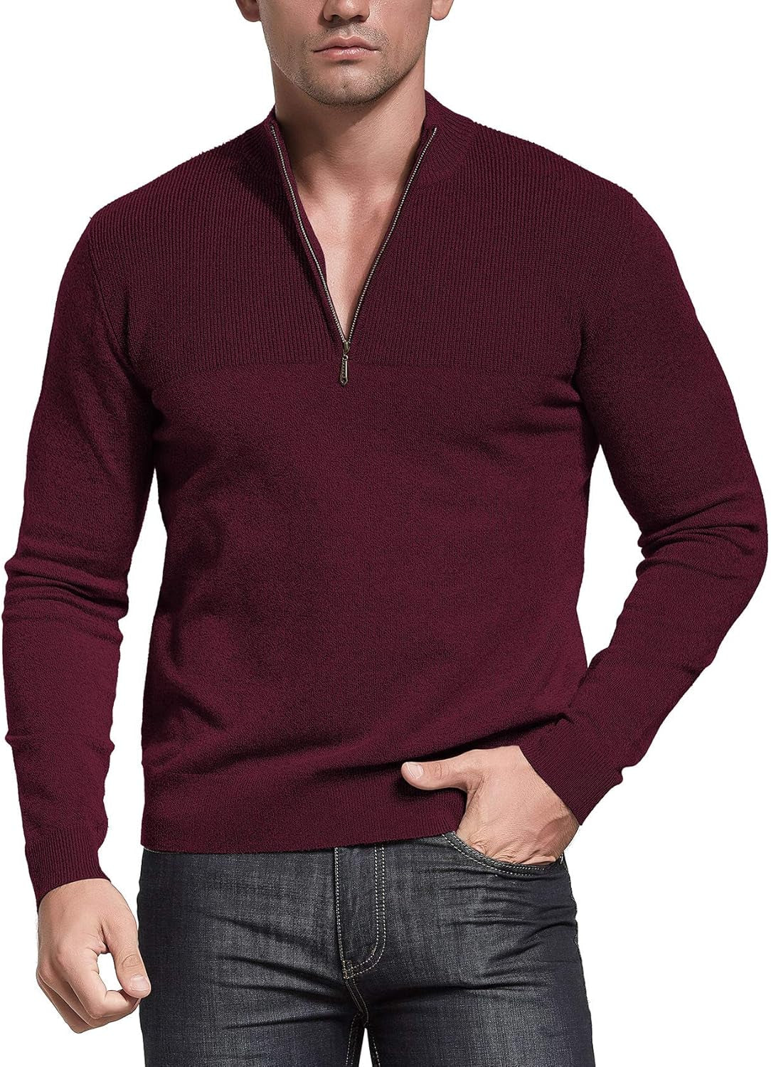 NITAGUT Mens Slim Fit Zip up Mock Neck Polo Sweater Casual Long Sleeve Sweater and Pullover Sweaters with Ribbing Edge