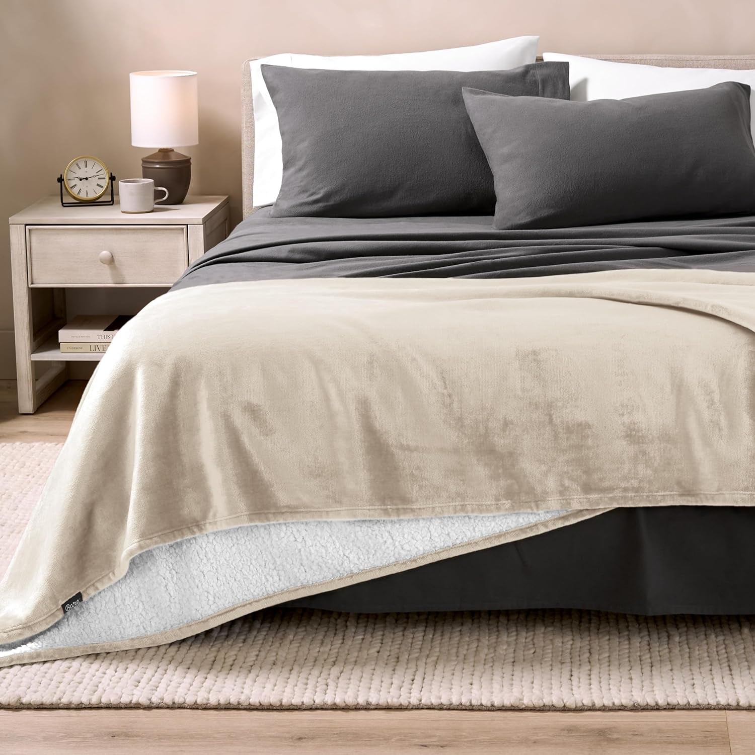 Bare Home Sherpa Fleece Blanket - Throw for Bed, Sofa, Couch, Camping, Travel, and Gifts - Warm & Lightweight - Fluffy & Soft Plush Blanket - Reversible (Throw/Travel, Oyster)