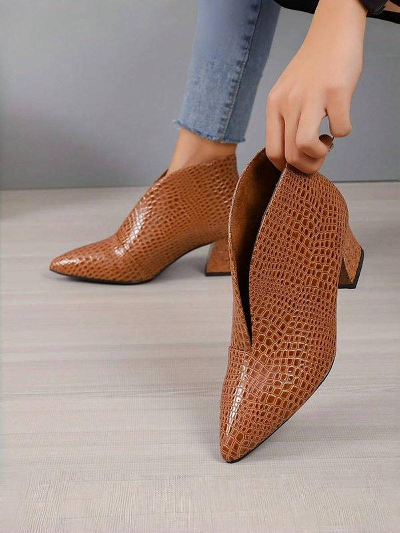New Women'S High Heel Ankle Boots, Pointed Toe Slip-On Snakeskin Design, Minimalist Style Rubber Sole Shoes for All Seasons