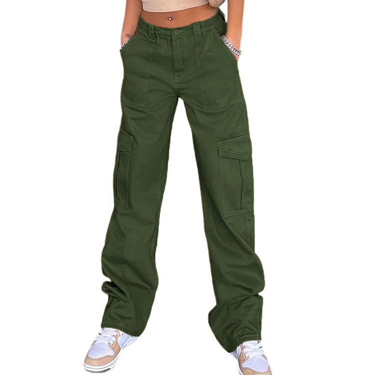 Stylish Multi-pocket Workwear Straight-leg Trousers High Waist Jeans