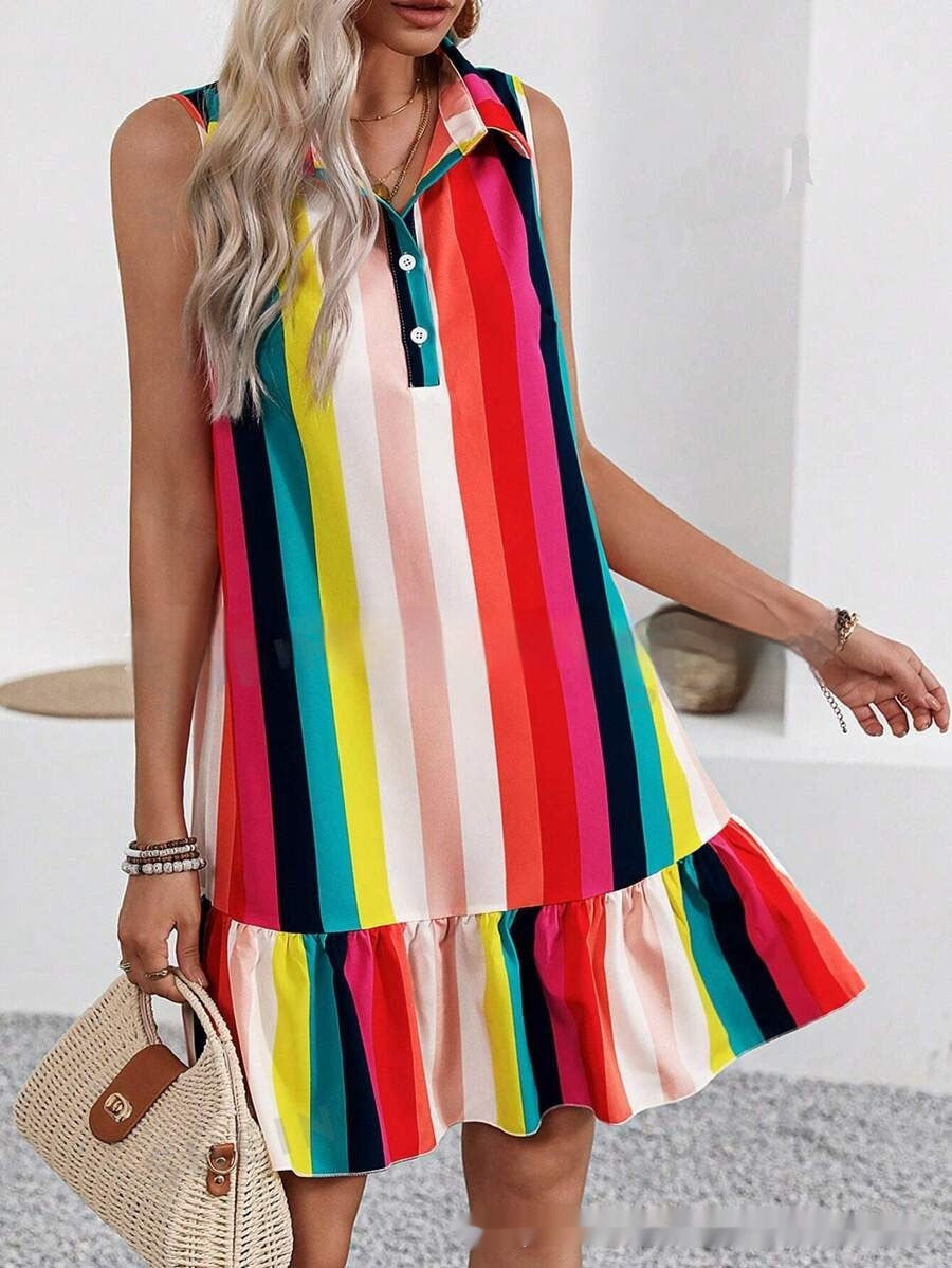 Shirt Collar Decorated With Buttons Sleeveless Dress