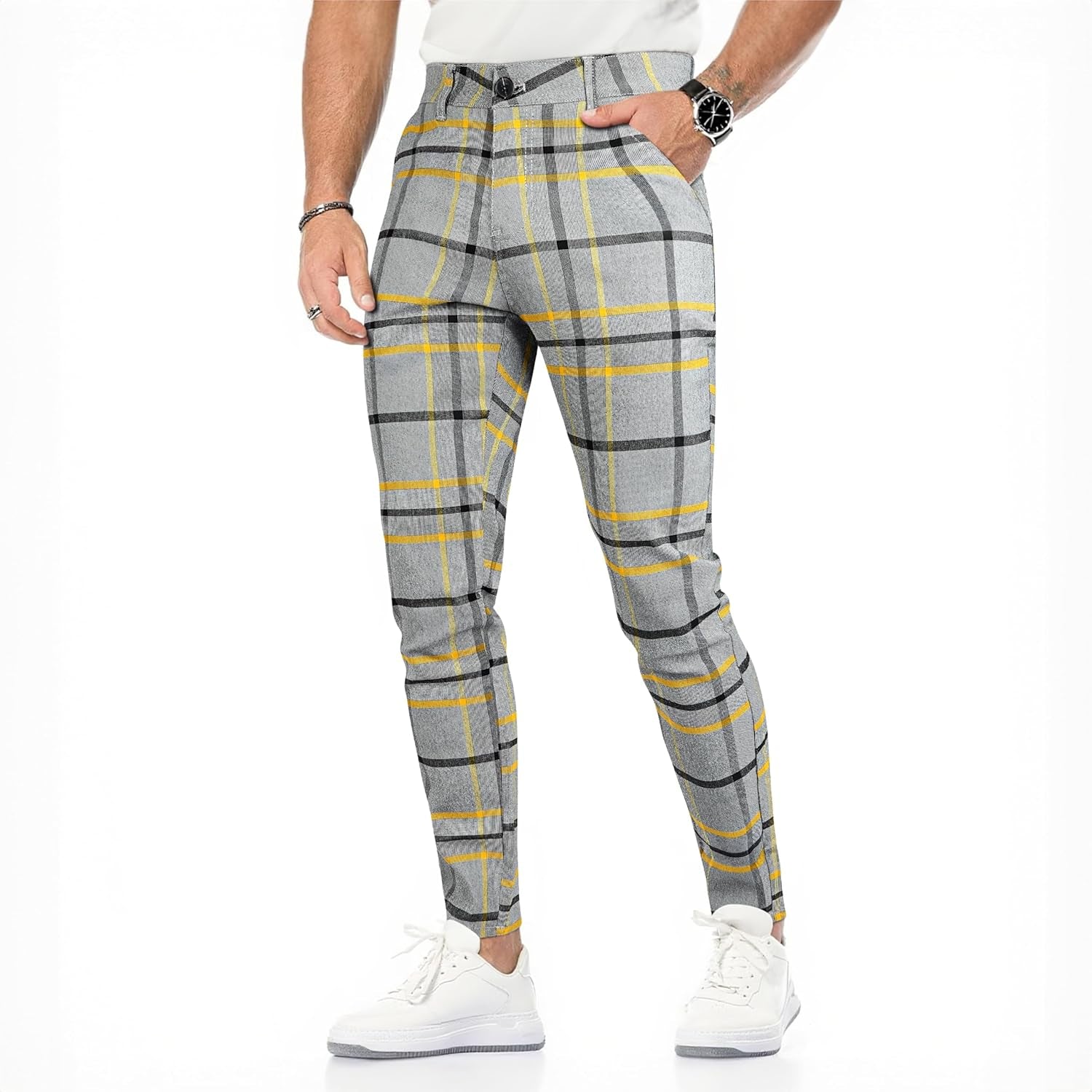 GINGTTO Mens Plaid Dress Pants Stretch Chino Pants Men Slim Fit