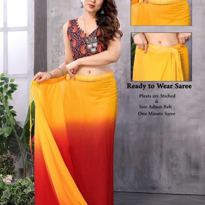 DESIGNER GEORGETTE PRINT WORK ONE MINUTE SAREE with UNSTITCHED BLOUSE RED Ready to Wear Saree with Pleats Stitched & Size Adjust Belt