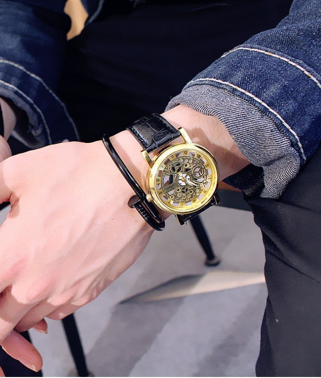 GENVIVIA High Quality Men's Luxury Hollow Stainless Leather Strap Watch