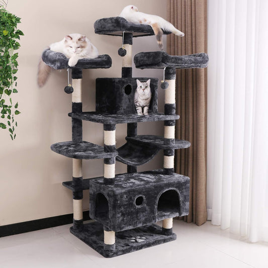 BEWISHOME Large Cat Tree Condo with Sisal Scratching Posts Perches Houses Hammock, Cat Tower for Indoor Cats Furniture Kitty Activity Center Kitten Play House Grey MMJ03B