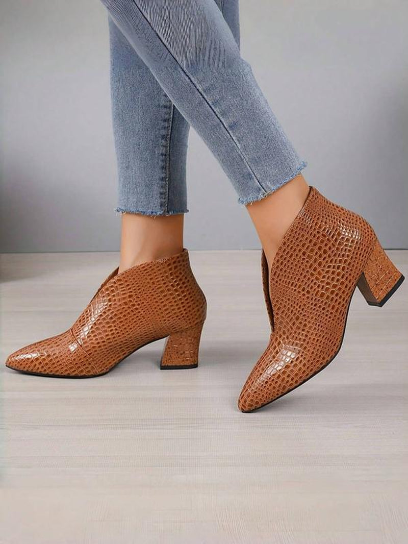 New Women'S High Heel Ankle Boots, Pointed Toe Slip-On Snakeskin Design, Minimalist Style Rubber Sole Shoes for All Seasons