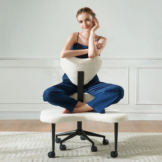 Ergonomic Cross Legged Swivel Chair, Adjustable Height and Teddy Fabric, Meditation Chair with Back Support, Home and Office, off White