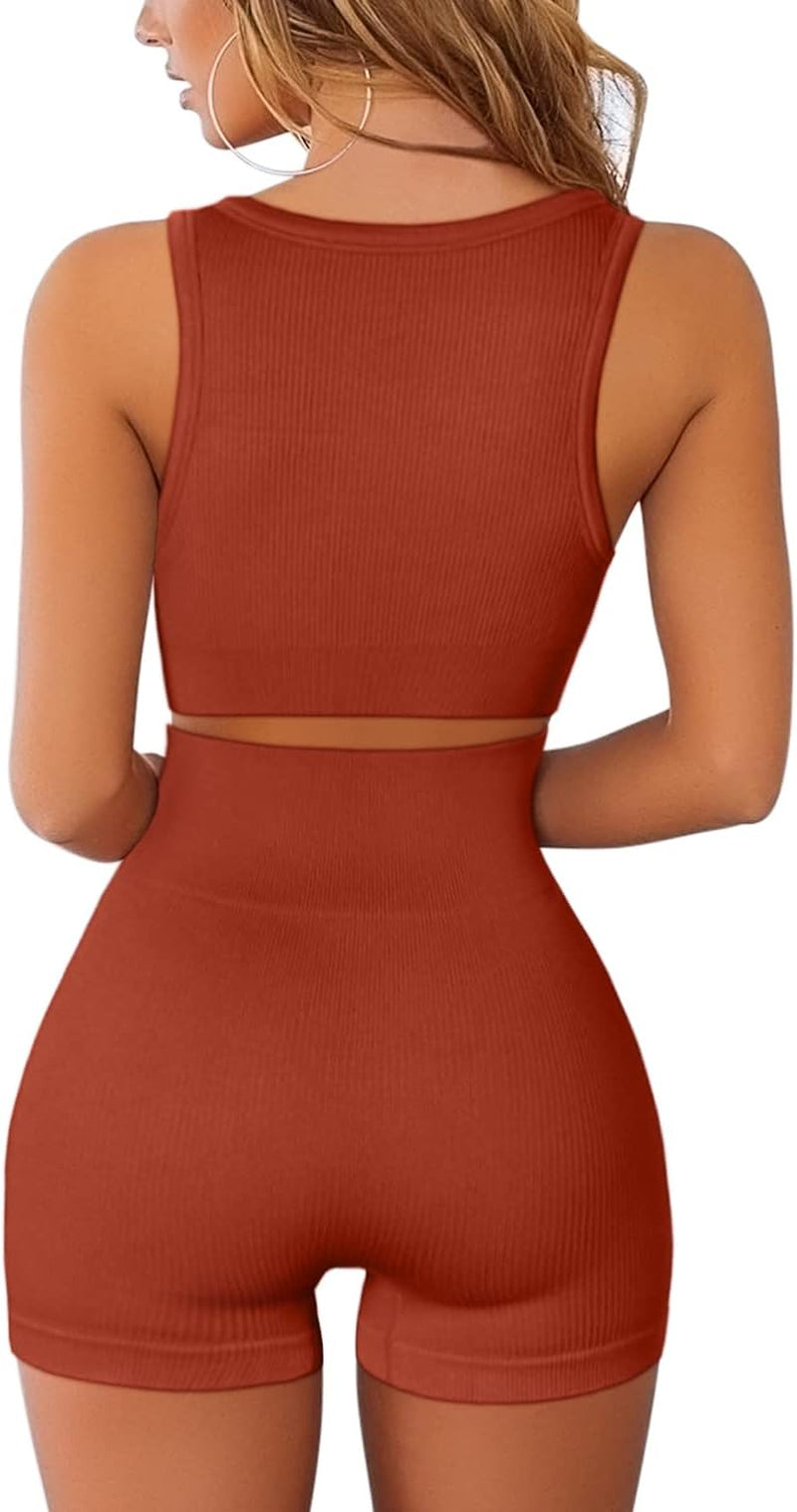 QINSEN Yoga Shorts for Women Stretchy 2 Piece Yoga Outfit Sport Bra GMY Wokrout Outfits Brick-Red M