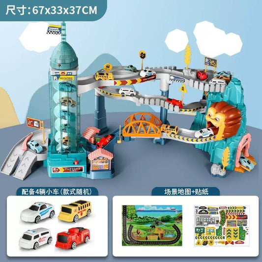 King Size Rotating Elevator Race Track Playset Toys for Kids Car Ramp Track Set Adventure Car Garage Parking Toy