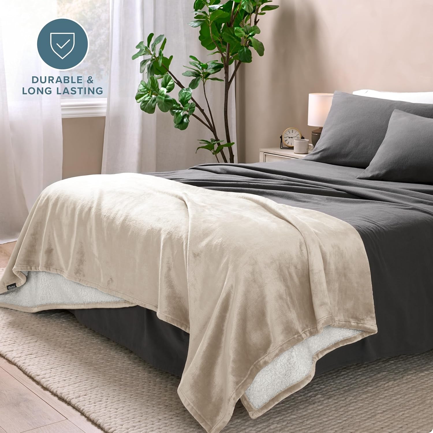 Bare Home Sherpa Fleece Blanket - Throw for Bed, Sofa, Couch, Camping, Travel, and Gifts - Warm & Lightweight - Fluffy & Soft Plush Blanket - Reversible (Throw/Travel, Oyster)