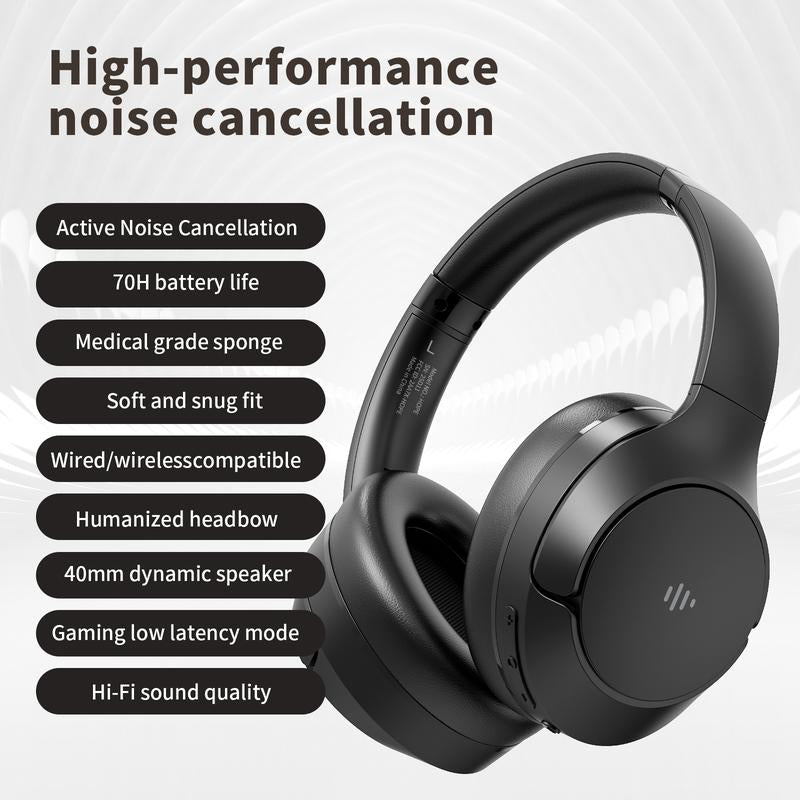 Wireless Bluetooth Headphones, Over-Ear, Active Noise Cancelling, Hi-Res Audio, 70 Hours Battery Life, Foldable Design, Lightweight and Portable, with Microphone for Ios/Pc/Android, Ideal for Home Office. Electronic Earbud Headset Black#Father'S Day Gift