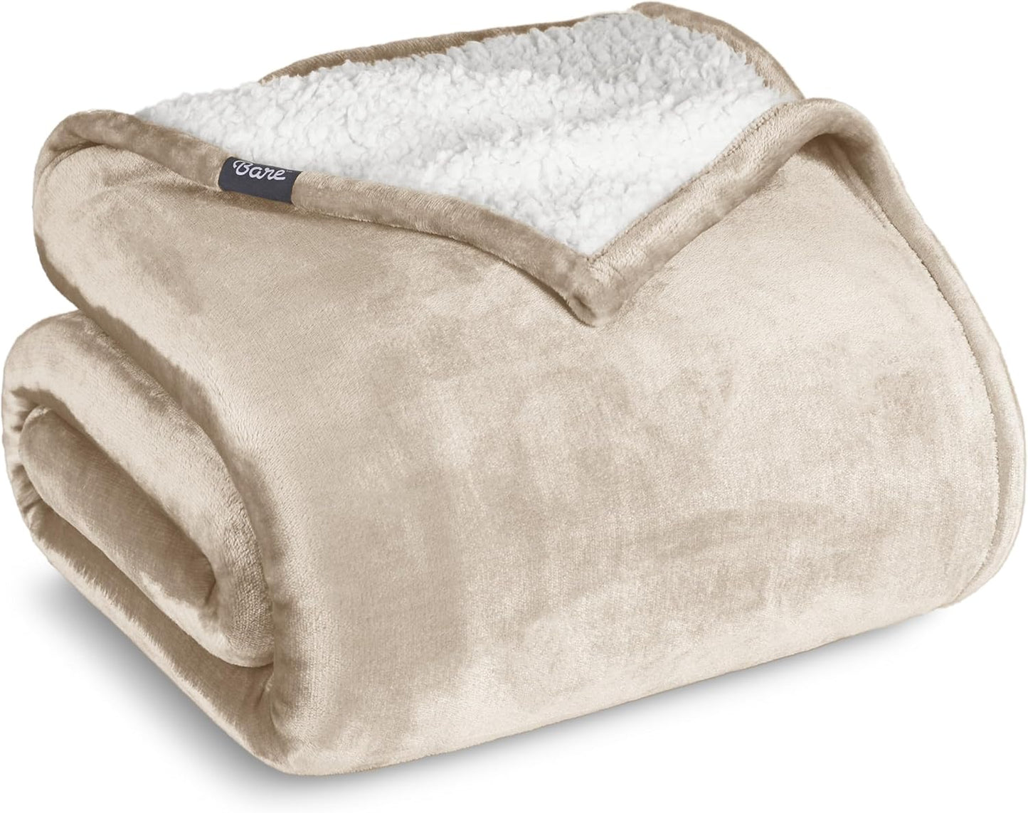 Bare Home Sherpa Fleece Blanket - Throw for Bed, Sofa, Couch, Camping, Travel, and Gifts - Warm & Lightweight - Fluffy & Soft Plush Blanket - Reversible (Throw/Travel, Oyster)