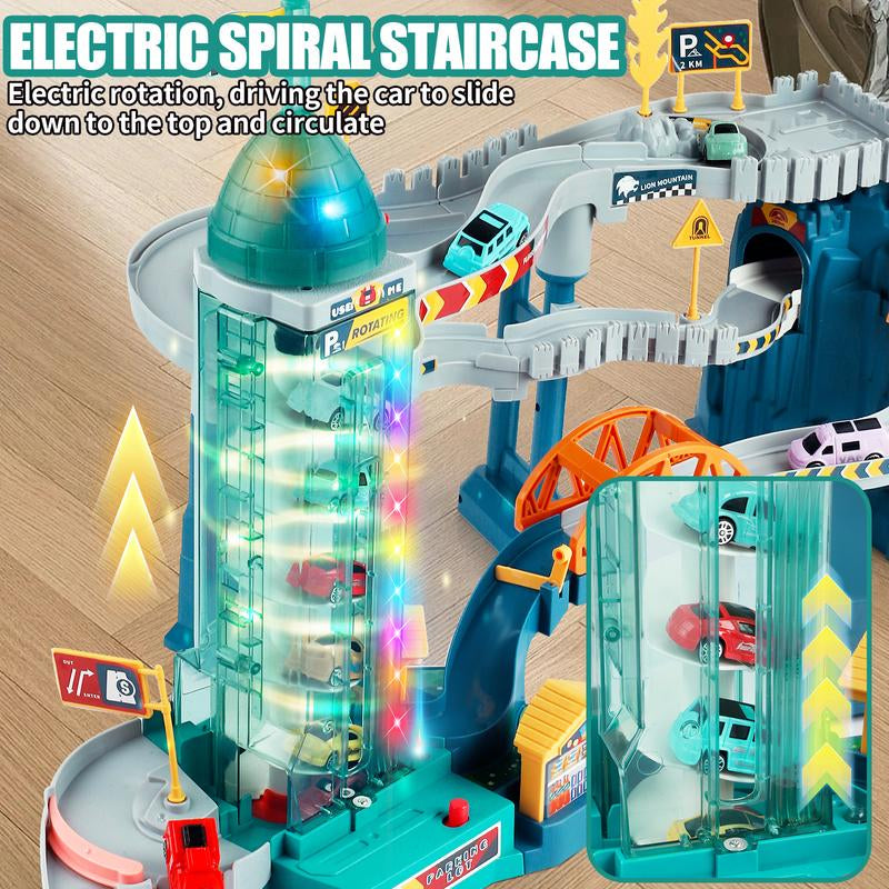 King Size Rotating Elevator Race Track Playset Toys for Kids Car Ramp Track Set Adventure Car Garage Parking Toy